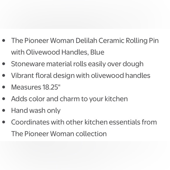 🌺 HTF 2025 🌺 New Pioneer Woman Delilah Ceramic Rolling Pin Wood Handles, Blue - Picture 2 of 10